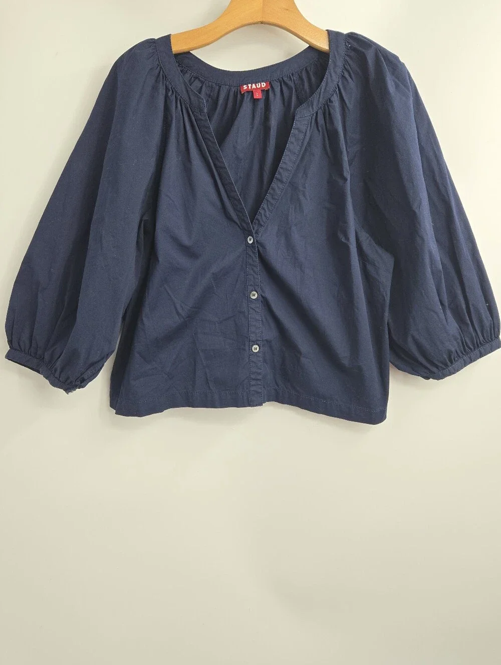 Staud‎ Blouse Blue Cotton V-Neck Button Front Puff Sleeve